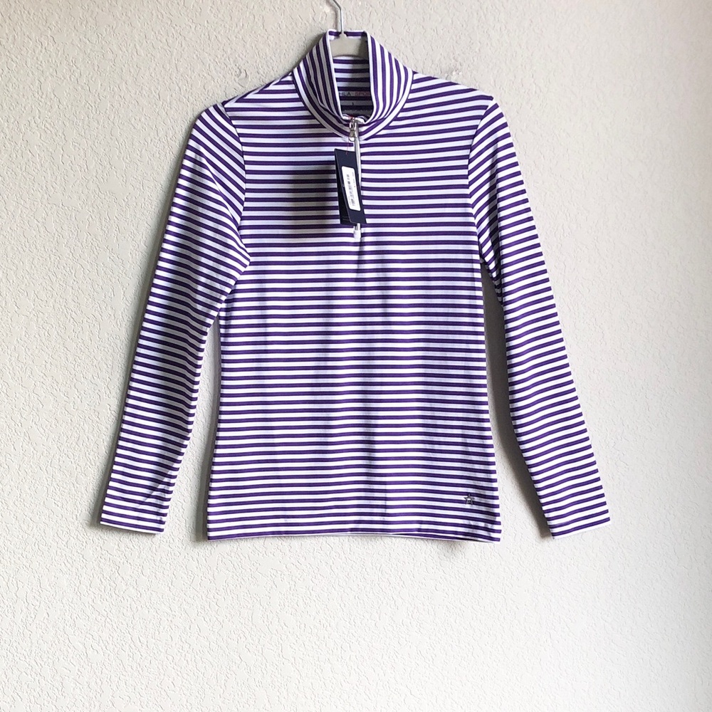 NWT Lohla Sport Malak Long Sleeve Top White Purple Stripe Small Zip Neck